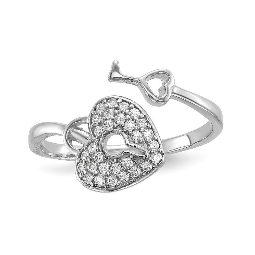 925 Sterling Silver Rhodium-plated CZ Heart Lock and Key Ring